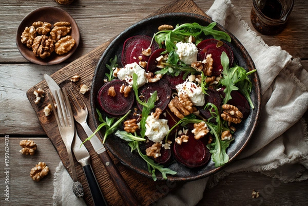 Fototapeta Overhead shot of a fresh beet salad with goat cheese, arugula, and walnuts on a rustic ceramic plate, served on a linen tablecloth with cutlery.