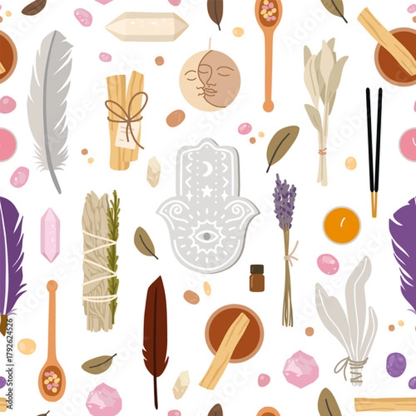 Obraz Boho seamless pattern with crystals and herbs