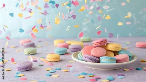Obraz Colorful pastel confetti and macarons create a festive atmosphere for any celebration