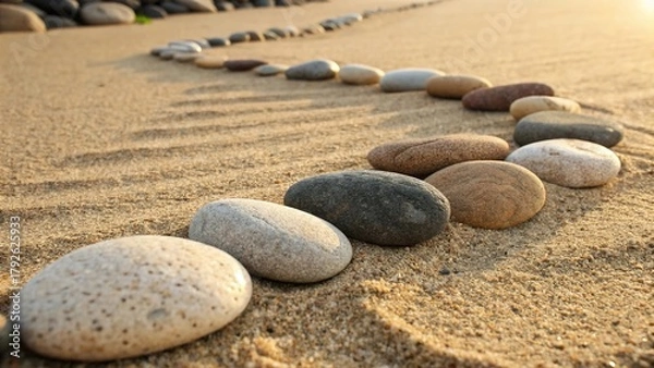 Obraz Pebble gradient from soft sand to smooth stone creating a serene landscape by the shore in golden light