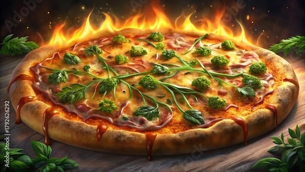 Obraz Sizzling pizza crust topped with melting cheese and fresh herbs creating a delightful dining experience