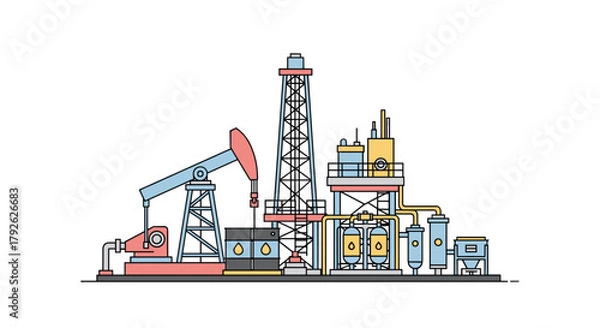 Fototapeta Dynamic oil rig and refinery complex illustrating energy production and industrial infrastructure for global commerce
