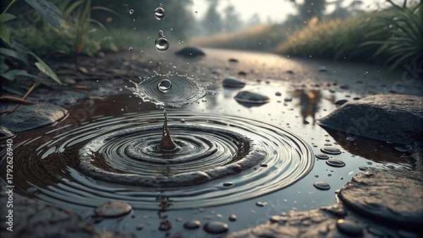 Obraz Raindrop creates rippling rings in puddle reflecting morning light by a quiet pathway