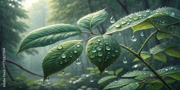 Obraz Raindrops glisten on lush green leaves in a tranquil forest scene after a refreshing rain shower