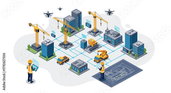 Fototapeta Smart construction project management with drones, cranes, and digital blueprints in a modern city development