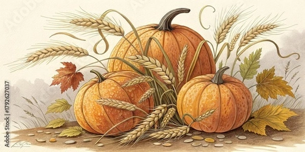 Obraz Harvest season brings warmth with pumpkins and golden wheat in a serene autumn setting