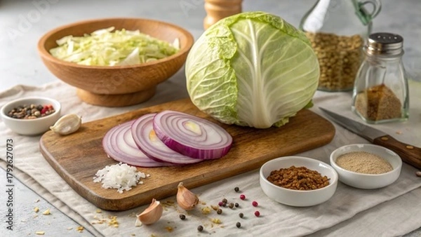 Obraz Fresh cabbage head with chopped onions and spices set on a wooden cutting board ready for a delicious meal preparation