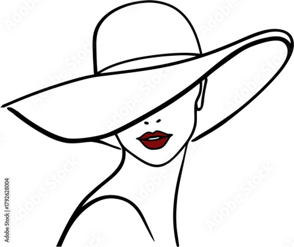 Fototapeta portrait of a woman with red lips vector line art style, minimalist silhouette