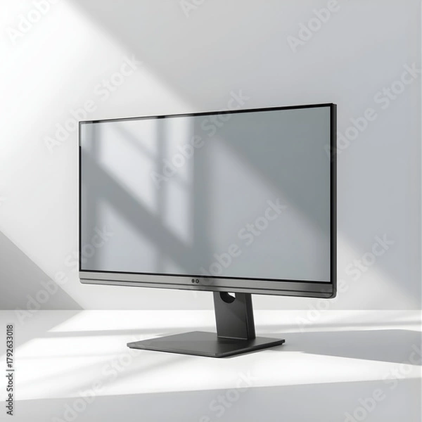 Fototapeta Angled Desktop Monitor Mockup with Blank Screen, Minimal iMac Style Display Mockup in Soft Light, Clean Computer Screen Mockup for UI/UX Presentation, White Monitor Mockup with Sunlight Shadows