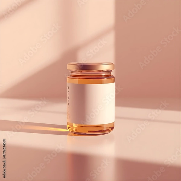 Fototapeta Honey Jar Mockup with Golden Light Background, Minimalist Glass Jar Mockup for Food Packaging, Realistic Honey Bottle Mockup, Amber Honey Jar with Blank Label Mockup, Elegant Food Jar Mockup with Warm