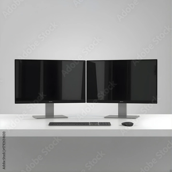Fototapeta Dual Monitor Mockup with Black Screens and Keyboard, Dark Screen Desktop Mockup with Mouse and Keyboard, Modern Workstation Mockup with Twin Monitors, Blank Dark Display Mockup for UI/UX Design