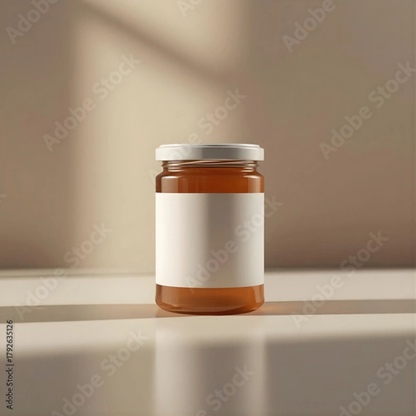 Fototapeta Honey Jar Mockup with Label on Light Background, Realistic Glass Jar Mockup for Food Branding, Amber Honey Bottle Mockup, Minimalist Honey Packaging Mockup, Blank Food Jar Mockup for Label Design