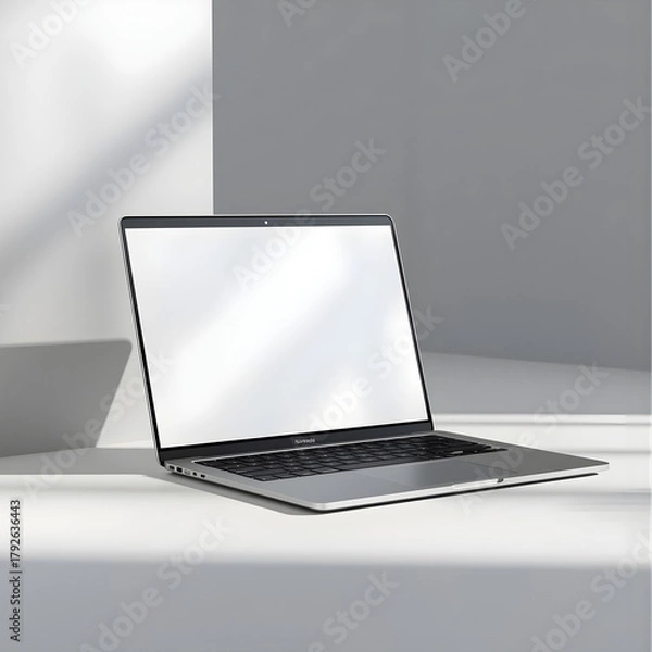 Fototapeta Modern Laptop Mockup with Blank Screen on Desk, Minimalist Notebook Computer Mockup in Soft Light, Realistic Laptop Display Mockup for UI/UX Design, Clean Blank Screen Laptop Mockup