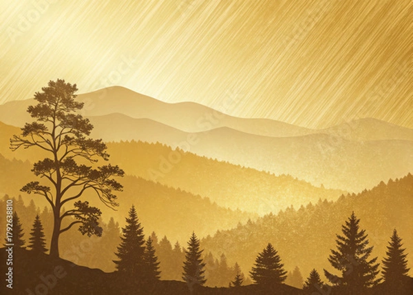 Fototapeta Golden mountain landscape with pine trees a serene nature illustration perfect for backgrounds and scenic designs