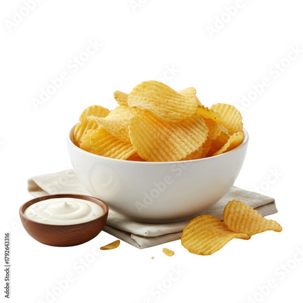 Fototapeta Crisp ruffled potato chips served with creamy dip against a minimalist setting