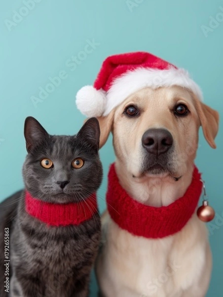 Obraz Cute cat and happy dog posing together wearing Santa hats and winter attire.