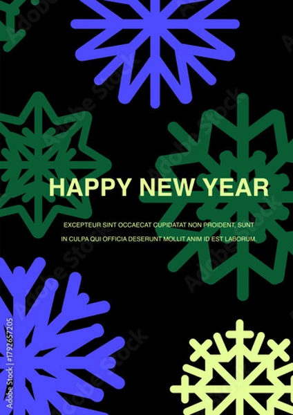 Obraz Happy New Year post card. Festive winter holiday postcard with snow, snowflakes pattern. Seasonal Xmas square background. Flat vector illustration.
