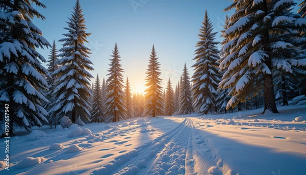 Obraz Snowy winter wonderland with sunlight streaming through the trees, perfect for holiday cards, winter promotions, and nature themed projects, capturing a serene winter landscape