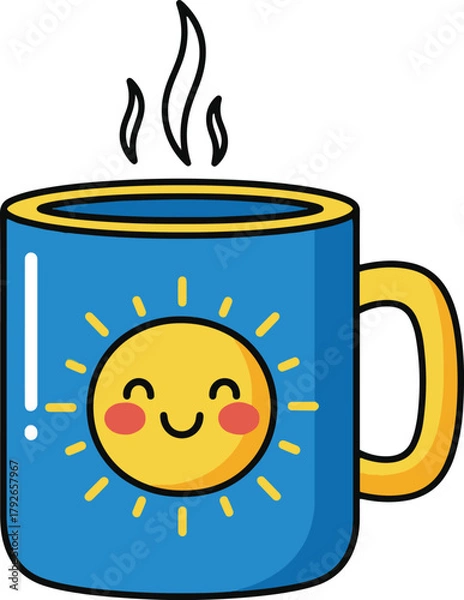 Obraz Vector style illustration of a steaming, bright blue coffee mug with yellow trim, featuring a cute, smiling cartoon sun character on its side.