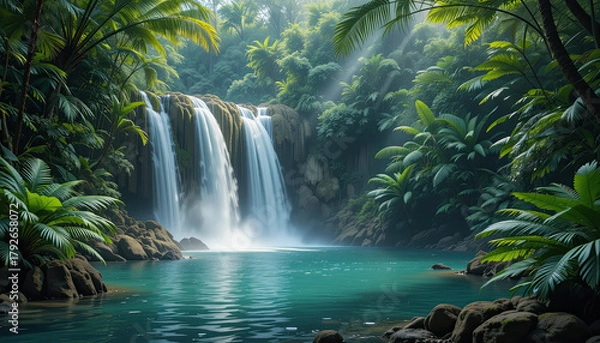 Obraz Enchanting waterfall cascading into turquoise pool surrounded by lush tropical foliage, a serene jungle paradise that inspires tranquility and escape, perfect for travel and wellness
