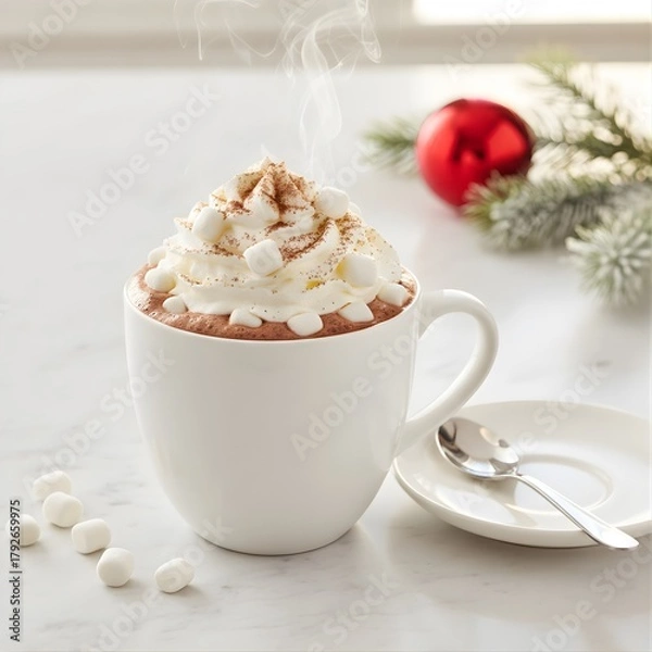 Fototapeta Festive Cup of Hot Chocolate with Whipped Cream and Red Christmas Ornaments 