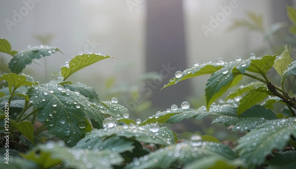 Obraz Sparkling dew drops adorn lush green leaves in a misty forest setting, creating a serene, calming atmosphere perfect for nature, wellness, or environmental projects