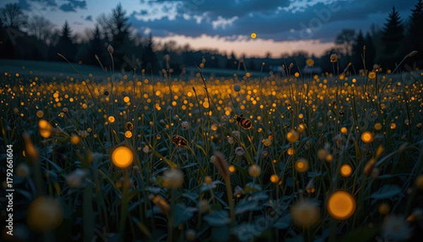 Obraz Enchanting glow of fireflies dances across a lush summer meadow at twilight, evoking a sense of wonder and tranquility, perfect for nature lovers and magical themed projects