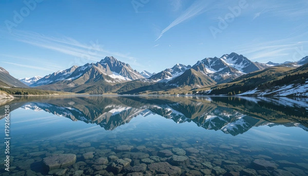 Obraz Breathtaking mountain range mirroring in tranquil lake, snow-capped peaks reflecting in crystal-clear water, creating a stunning nature scene for travel and adventure inspiration, serene landscape