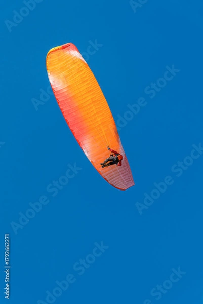 Fototapeta A single paraglider with a vibrant orange and red canopy is seen against a deep, clear blue sky during a sunny day flight.