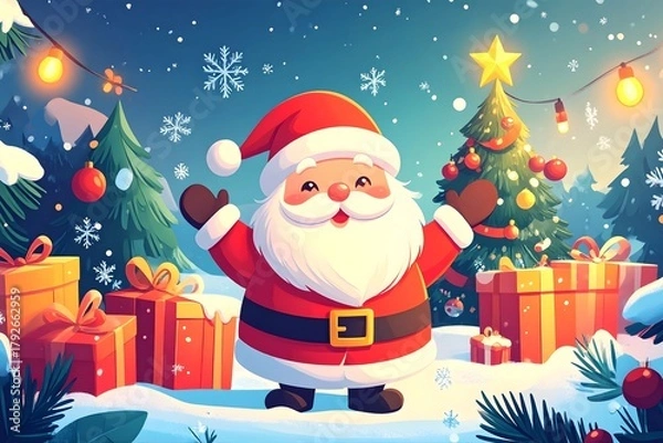 Fototapeta AI-generated 2D Christmas and New Year illustration featuring festive elements like trees, ornaments, lights, and snowflakes. Clean layout with 60% negative space for text, perfect for holiday designs