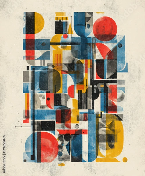 Fototapeta Geometric abstract art modern shapes blue red yellow and black color palette overlapping forms textured background creative composition contemporary style