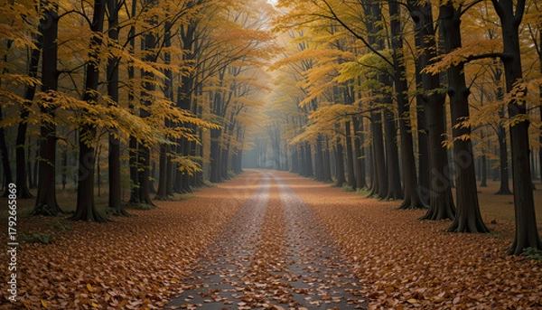 Obraz Enchanting autumn drive with golden leaves and misty atmosphere, perfect for travel blogs, fall promotions, and seasonal designs, promising serenity and visual splendor