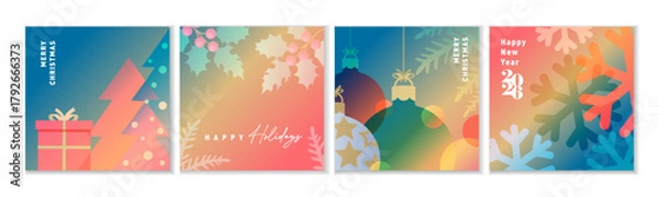 Fototapeta Merry Christmas and Happy Holidays creative watercolor greetings card set. Modern christmas tree, gift, holly berry and xmas ball. Happy New Year 2026, vector design for season banner or cover