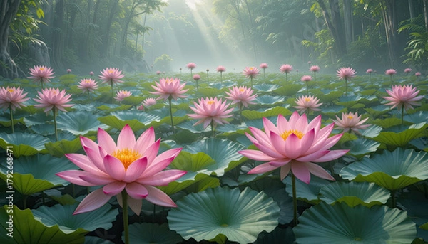 Obraz Enchanting lotus flowers bloom serenely in a misty pond, their vibrant pink petals adding a touch of elegance to the tranquil waters, creating a peaceful and calming atmosphere