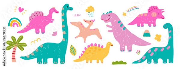 Obraz Cute crayon dinosaur illustration bundle. Adorable doodle dinosaurs with rainbows, trees, and stars, naive scribble of a cheerful prehistoric scene . Perfect for kids notebooks, posters, or fun cover 