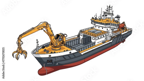 Fototapeta A vessel with a large orange crane on the left side