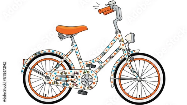Fototapeta A white bicycle adorned with colorful stars and small bicycle illustrations