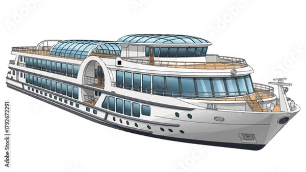 Fototapeta A white cruise ship with multiple decks and a glass roof