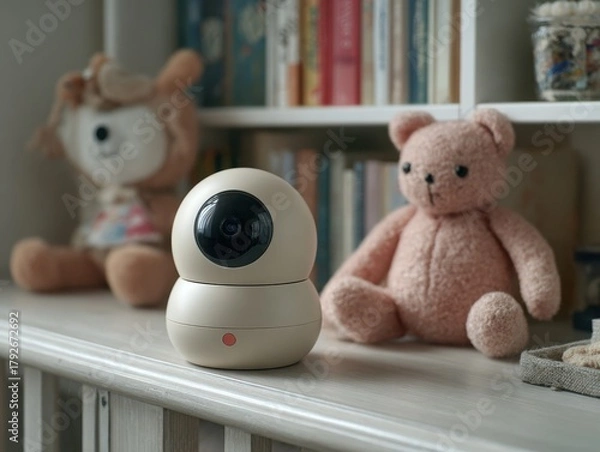 Fototapeta Baby monitor camera beside teddy bear toys on shelf in cozy room  