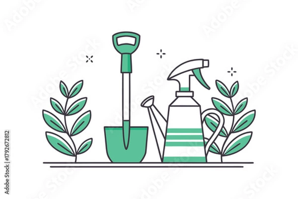 Fototapeta A Minimalist Illustration of Gardening Tools and Green Plants on a White Background