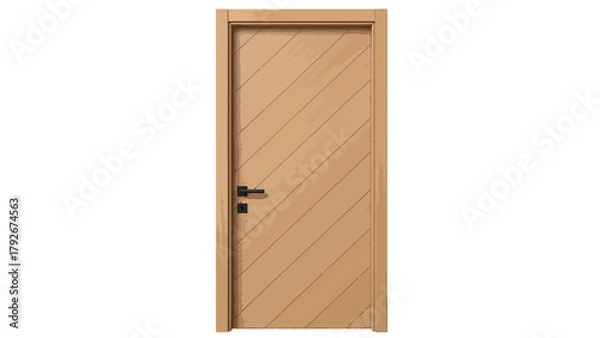 Fototapeta A wooden door with a black handle and lock
