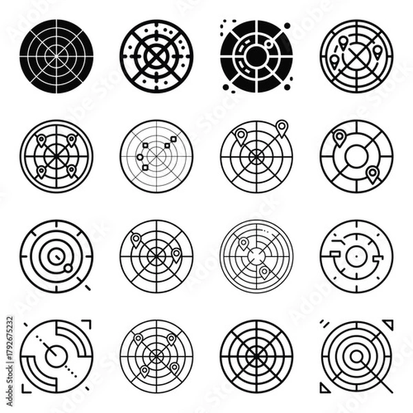 Fototapeta Radar scan and target locator icons set for modern technology