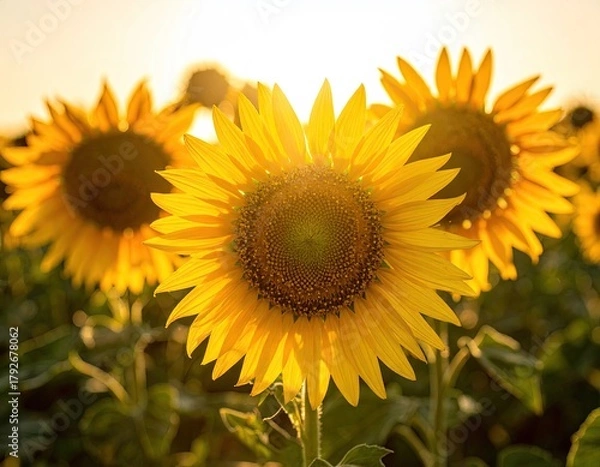 Fototapeta Close Up of Vibrant Yellow Sunflowers in a Field at Sunset Golden Hour Light