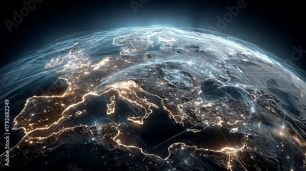 Obraz Global Interconnectedness: Future Earth Europe Night View with City Lights and Technological Network Coverage Digital Communication Concept