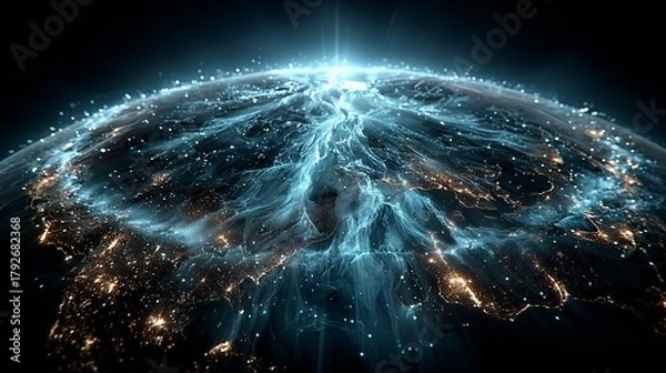 Obraz Abstract 3D digital earth with glowing blue energy network, global communication data convergence hub, futuristic internet and blockchain concept background for cloud computing and cyber security.