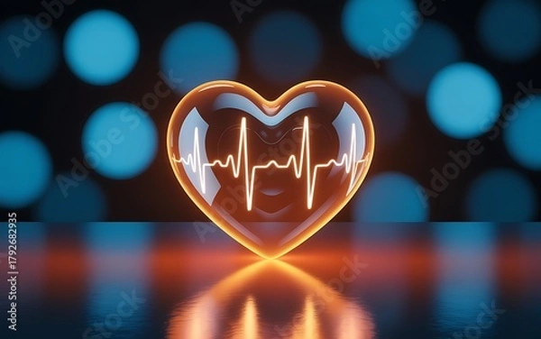 Fototapeta Glowing Heart with ECG Heartbeat Line on Reflective Surface Symbolizing Health and Medical Technology