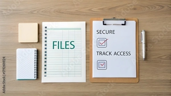 Fototapeta Flat lay of checklist labeling Files and Secure on wooden table