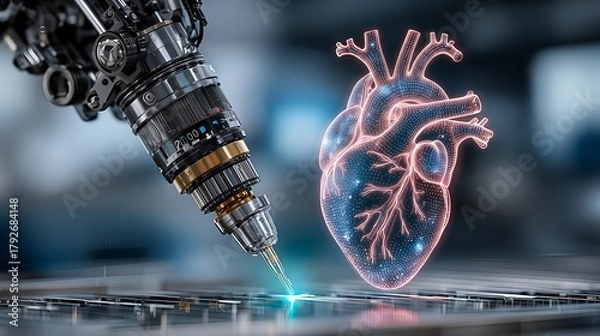 Obraz Futuristic medical technology concept with robotic arm and 3D digital heart. Illustration for bioprinting, cardiology, high-tech research, or healthcare background.