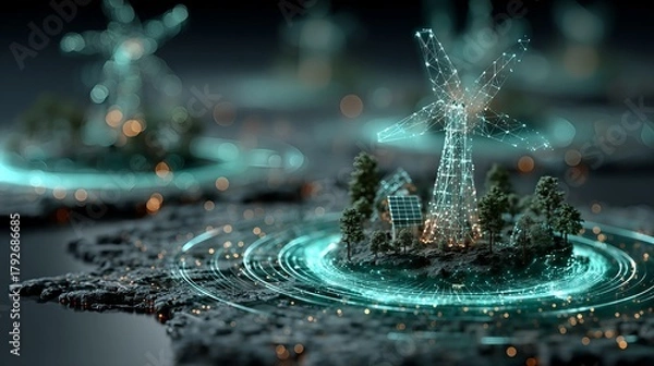 Obraz Futuristic green energy concept with 3D digital wind turbine. Abstract illustration for renewable technology, smart grid, and sustainability background with glowing particles.