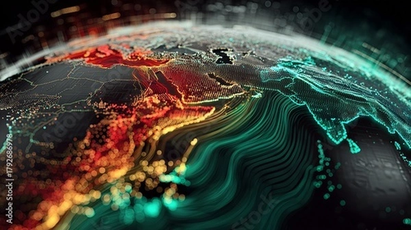 Obraz Abstract 3D Earth globe showing data visualization or climate patterns. Red and teal glowing lines representing energy flow, network communication, or weather currents. Futuristic technology illustrat